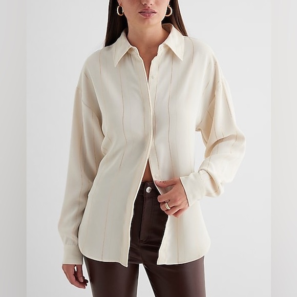 Express Tops - Express Metallic Satin Striped Boyfriend Portofino Shirt